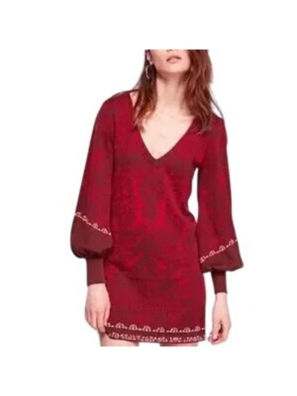 Free People Music & Lyrics Red Damask Print Long Sleeve V-Neck Mini Dress